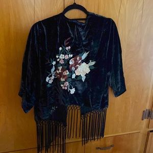 Velvet Floral Embroidered Shawl with Fringe